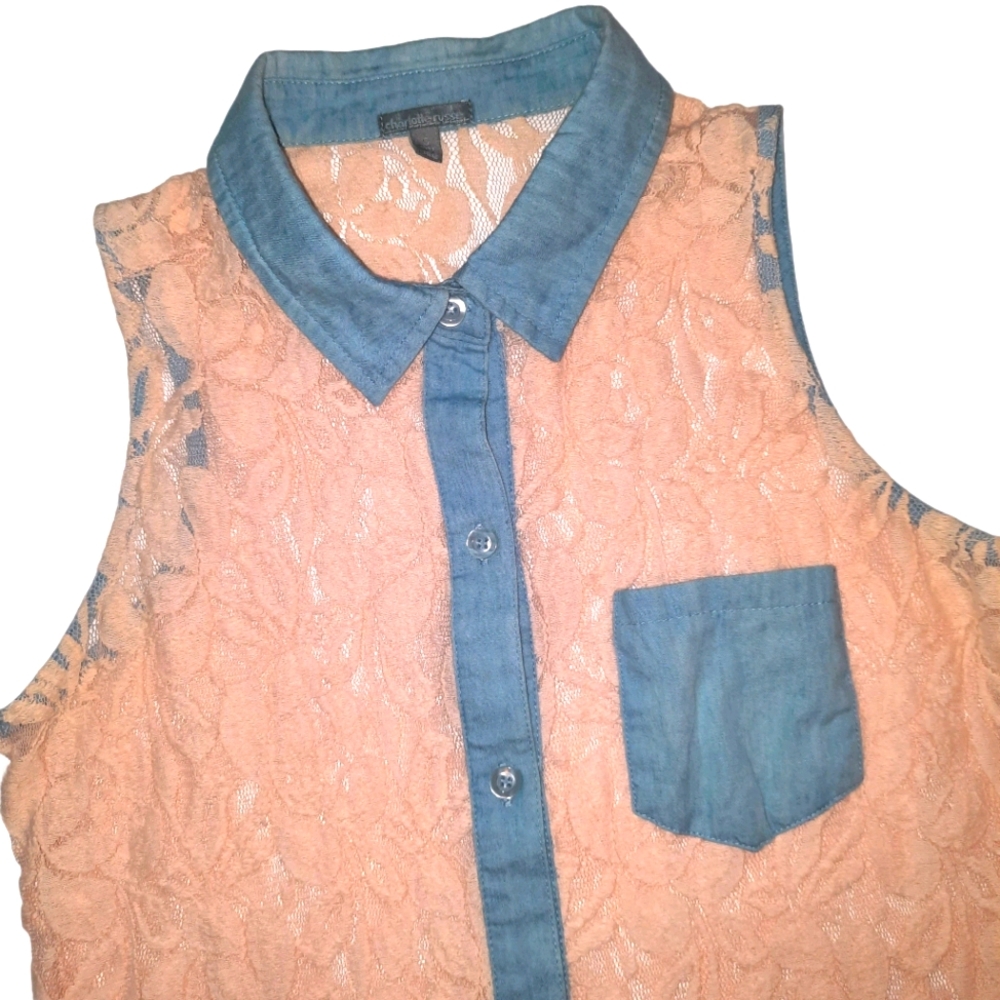 Sleeveless lace denim button down blouse
